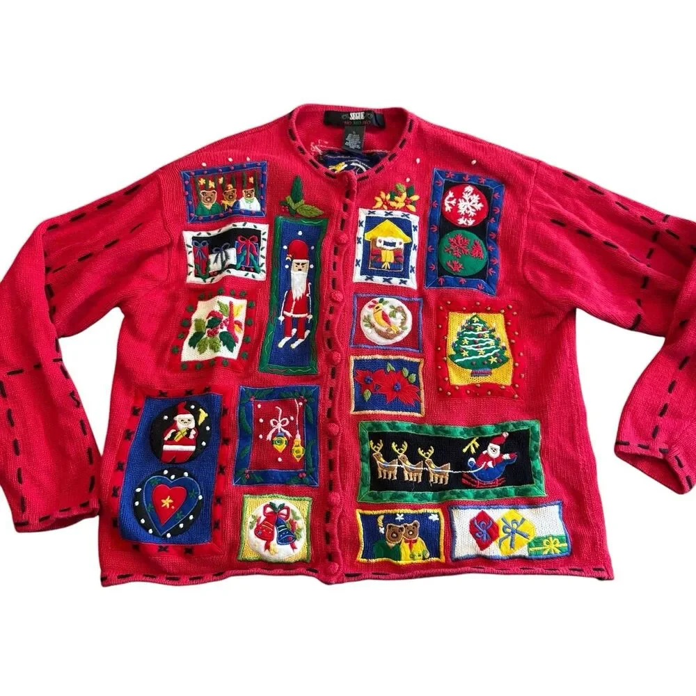 Segue Ho Ho Ho Christmas Sweater Cardigan Size L Red Womens  Button Santa Sleigh